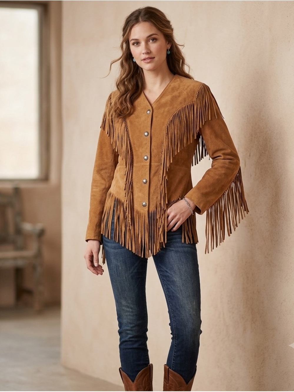 Cripple Creek Fringe Western Boho Cowgirl Suede Leather Jacket Size M Snap Brown